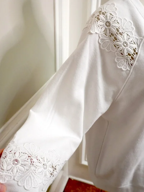 Tommy Hilfiger Womens White Lace-Trimmed Long Sleeve Sweater Top Size M - Picture 2 of 4